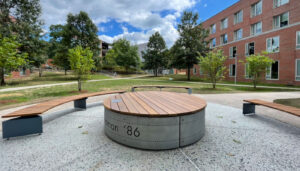 Barbara Barth bench on the Memorial Garden in Ridgewood Quad