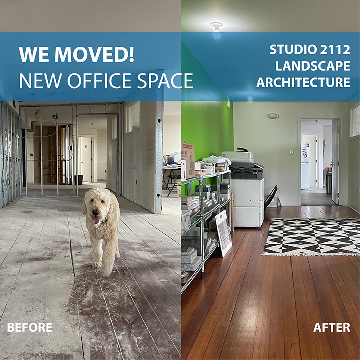 Before/after photo of the recent Studio 2112 office renovation